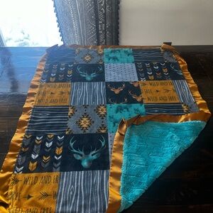 Wild and Free Patchwork Blanket with Teal and Gold Accents 36.5x26